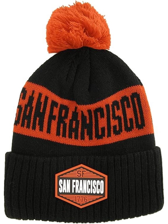 San Francisco City Name Winter Knit 3D Rubber Patch Pom Beanie Hat (Black/Red)