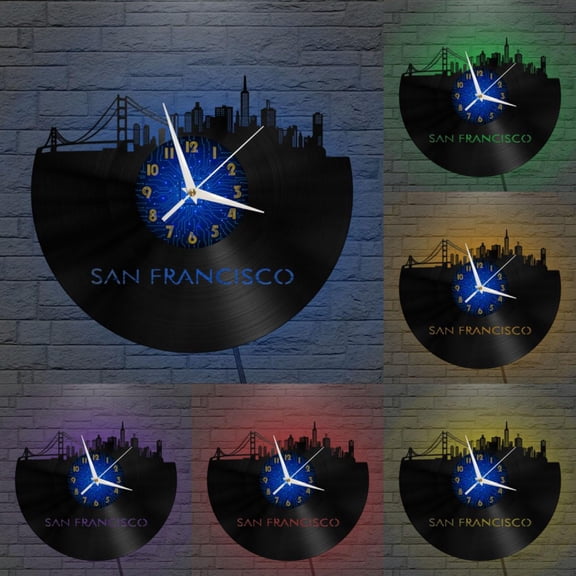 San Francisco City View 2 12 Inch Vinyl Record Wall Clock - Silent, Creative, and Unique Clock for Living Room, Entryway, or Bedroom Decor - Perfect Gift Idea(12 inchs B with LED)