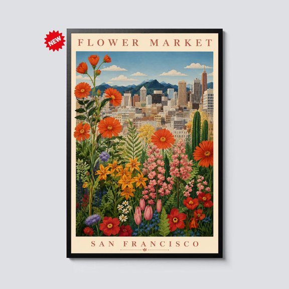 San Francisco Flower Market California Wall Art Botanical Cityscape Decor Vintage Travel Floral Skyline Artwork, Unframed Paper Print