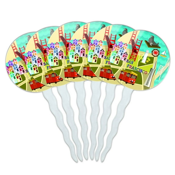 San Francisco Golden Gate Bridge Bay Pier 39 Cupcake Picks Toppers - Set of 6