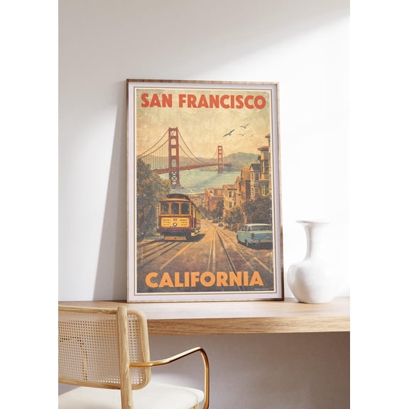 San Francisco Golden Gate Bridge Cable Car Retro Travel Graphic Wall Art, Unframed Poster