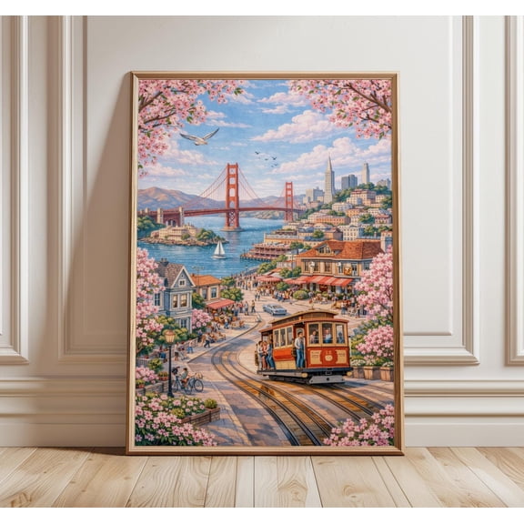 San Francisco Golden Gate Bridge Print Cable Car Wall Art Pastel California Decor Sf Skyline Travel Gift, Unframed Paper Print