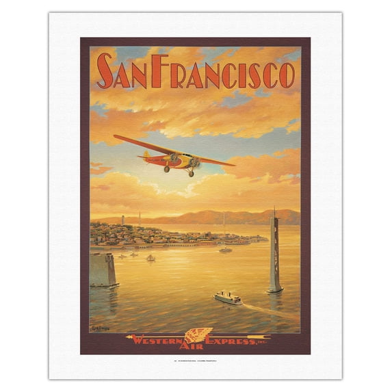 San Francisco - Oakland Bay Bridge California - Western Air Express - Fokker Trimotor - Vintage Travel Poster by Kerne Erickson - Fine Art Rolled Canvas Print 20in x 26in