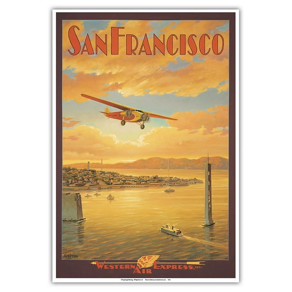 San Francisco - Oakland Bay Bridge California - Western Air Express - Fokker Trimotor - Vintage Travel Poster by Kerne Erickson - Master Art Print (Unframed) 13in x 19in