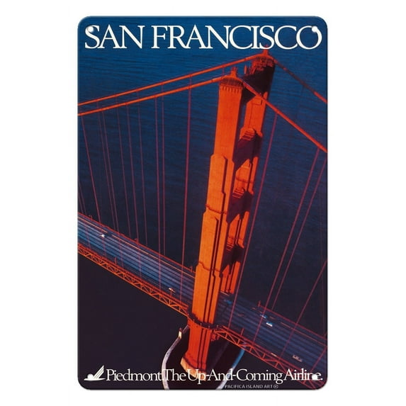 San Francisco - Piedmont Airlines - Golden Gate Bridge - Vintage Airline Travel Poster c.1985 - 8 x 12 inch Vintage Metal Tin Sign
