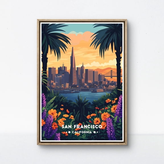 San Francisco Poster California Skyline Art Sf Floral Wall Print Retro Sunset Poster Bay Area Decor Palm Tree City Art , Poster Only