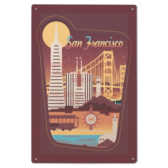San Francisco, Retro Skyline Chromatic Series, Contour Birch Wood Wall Sign (6x9 Rustic Home Decor, Ready to Hang Art)