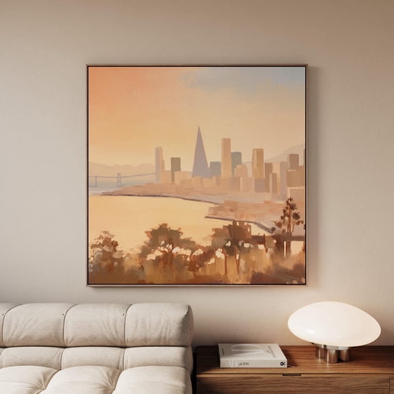 San Francisco Sunset Art Ocean Cityscape Views Light Orange Neutral Color Wall Art, Unframed Paper Print