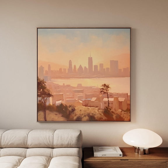 San Francisco Sunset Art Ocean Cityscape Views Light Orange Neutral Color Wall Art, Unframed Paper Print