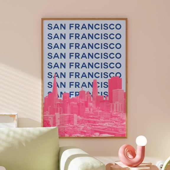 San Francisco Travel Poster Retro Pink Blue City Art, Unframed Paper Print Size 8x12
