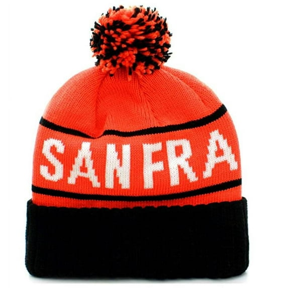 San Francisco Two Tone Warm Winter Cuffed Knit Hat Sport Pom Ski Beanie Cap (Orange)