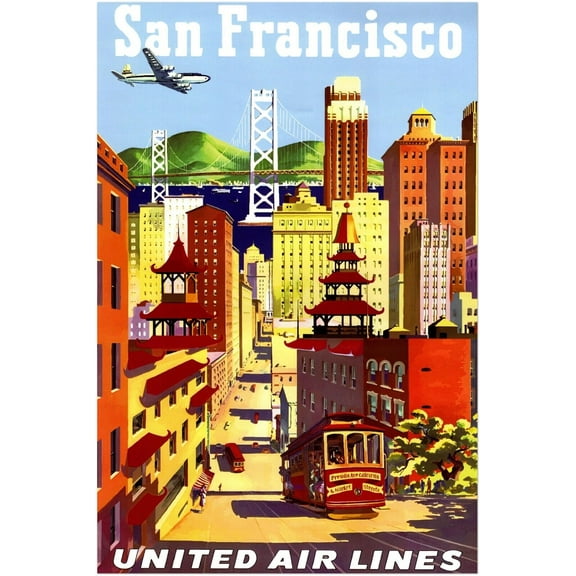 San Francisco - United Airlines - Airline Vintage Travel Poster, Retro Posters (24x36Inches)