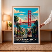 San Francisco Vintage Travel Print Golden Gate Bridge Wall Art Retro California Decor Cable Car Illustration Sf City Art