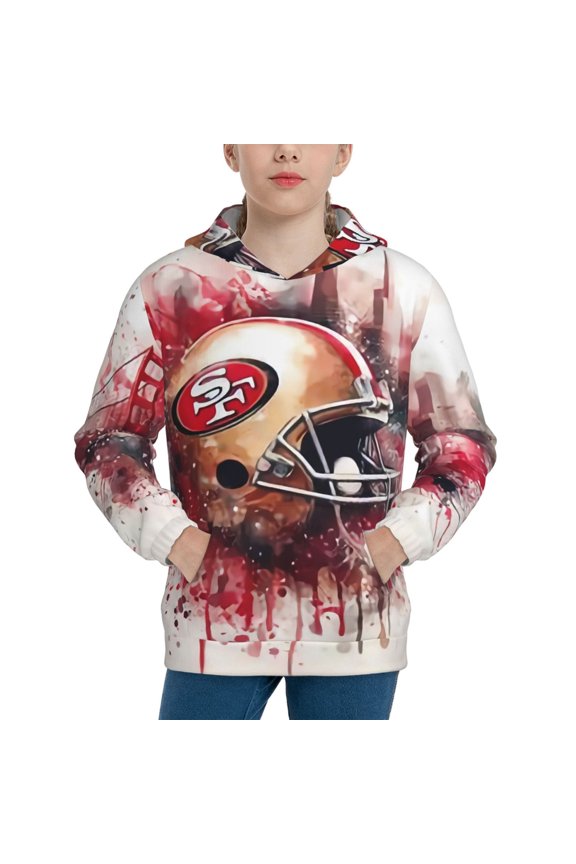 San_Francisco Youth Long-Sleeved Hooded Sweatshirt, Soft Hooded Pullover For Bo_ys And Gi_rls, Sportswear For Sch_ool Games, Gift For Football Fans (7-12Years)