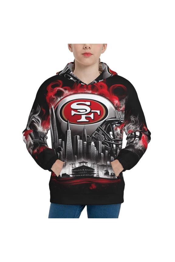 San_Francisco Youth Long-Sleeved Hooded Sweatshirt, Soft Hooded Pullover For Bo_ys And Gi_rls, Sportswear For Sch_ool Games, Gift For Football Fans (7-12Years)