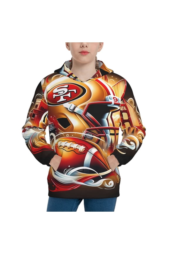 San_Francisco Youth Long-Sleeved Hooded Sweatshirt, Soft Hooded Pullover For Bo_ys And Gi_rls, Sportswear For Sch_ool Games, Gift For Football Fans (7-12Years)