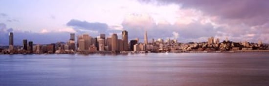 San Francisco city skyline at sunrise viewed from Treasure Island side San Francisco Bay California USA Canvas Art - Panoramic Images (36 x 12)