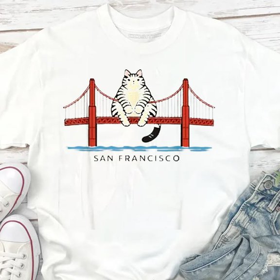 San Franciscos Cat Golden Gates Bridge Cat Reading Books T-shirt Sizes S-5XL