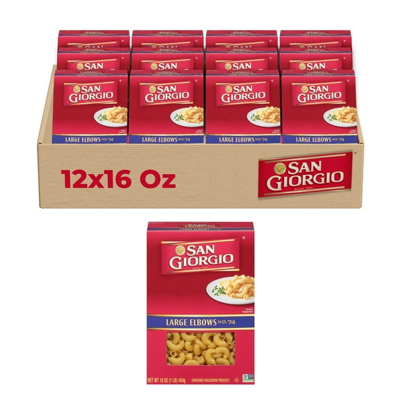 San Giorgio Large Elbow Macaroni Pasta 12 Pack (16 oz Each) Classic larger elbow pasta ideal for creamy mac & cheese, pasta bakes, soups, and hearty dishes