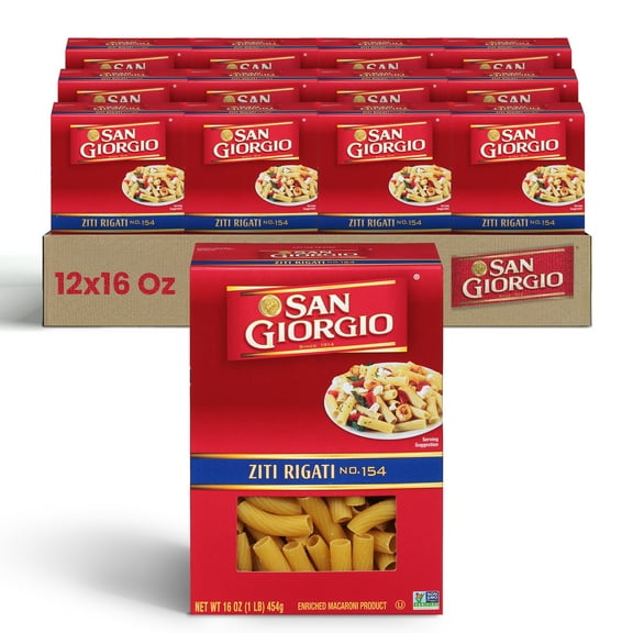 San Giorgio Ziti Rigati Pasta, 12-Pack (16 oz Each) Classic Tube Pasta for Baked Ziti, Pasta Dishes & More