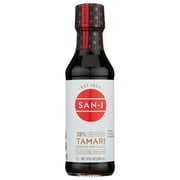 San-J Tamari Gluten Free Soy Sauce Reduced Sodium, 10.0 Fl oz., in a glass bottle