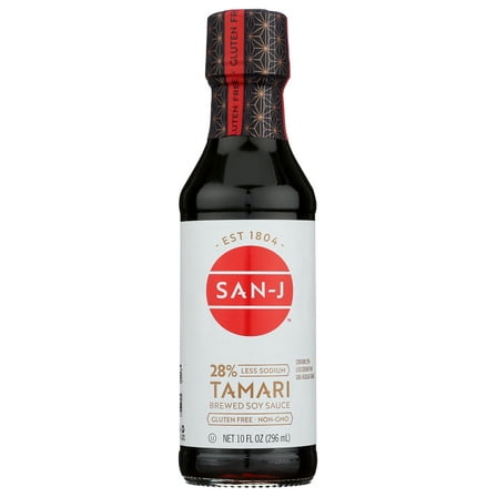 San-J Tamari Gluten Free Soy Sauce Reduced Sodium, 10.0 Fl oz., in a glass bottle