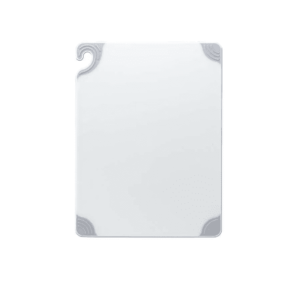 San Jamar Cutting Board with Cut-N-Carry Hook, Grip Corners, and Integrated Ruler - Co-Polymer, White Plastic Chopping Board, 12x18