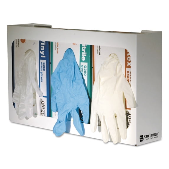 San Jamar White Enamel Disposable Glove Dispenser, Three-Box, 18w x 3 3/4d x 10h