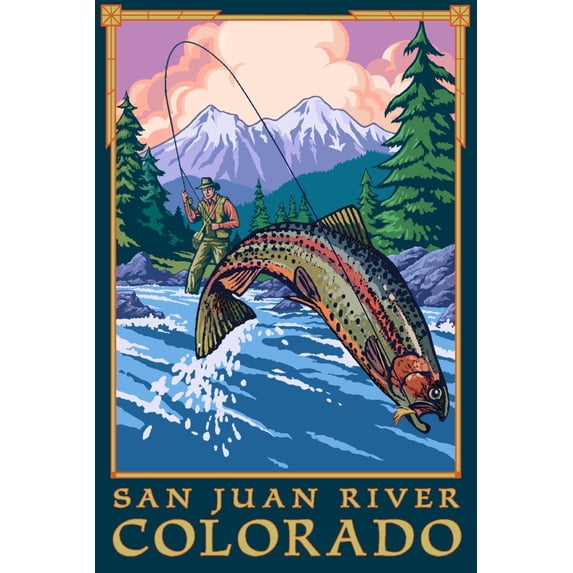 San Juan River, Colorado, Angler Fly Fishing Scene (16x24 Giclee Gallery Art Print, Vivid Textured Wall Decor)