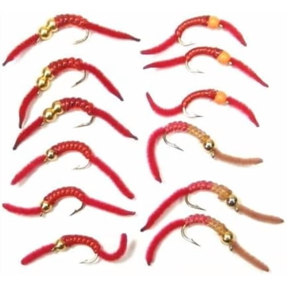 San Juan Worm Trout Fly Assortment, 12 Wet Nymph Flies, Hook Size 10, 4 Patterns$$Sport & Recreation Other
