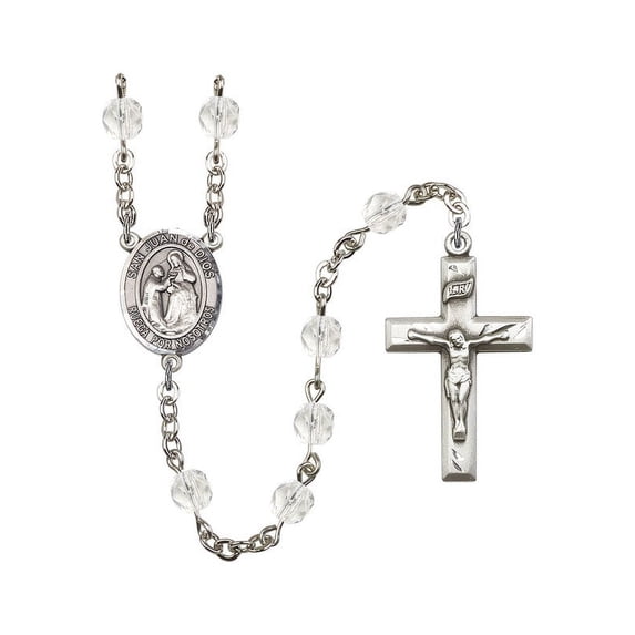 San Juan de Dios Silver-Plated Rosary 6mm April Crystal Fire Polished Beads Crucifix Size 1 3/8 x 3/4 medal charm