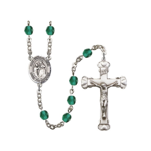 San Juan de Dios Silver-Plated Rosary 6mm December Blue Fire Polished Beads Crucifix Size 1 5/8 x 1 medal charm