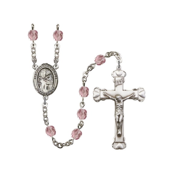 San Juan de la Cruz Silver-Plated Rosary 6mm June Light Purple Fire Polished Beads Crucifix Size 1 5/8 x 1 medal charm