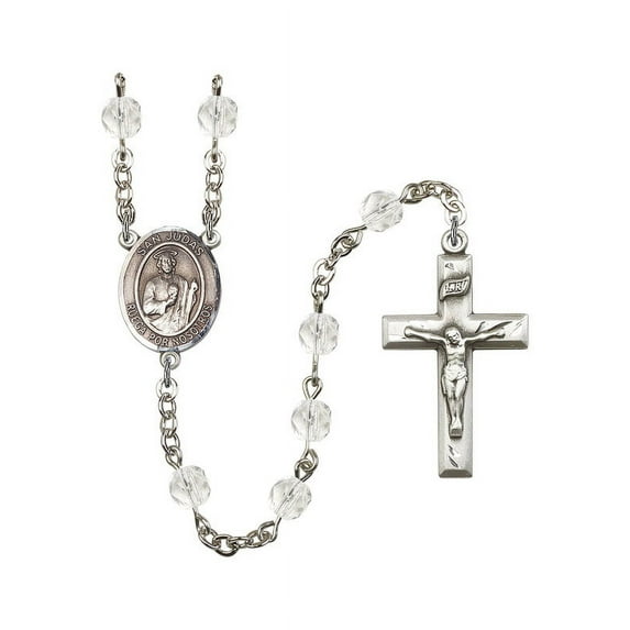 San Judas Silver-Plated Rosary 6mm April Crystal Fire Polished Beads Crucifix Size 1 3/8 x 3/4 medal charm