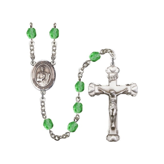 San Judas Silver-Plated Rosary 6mm August Green Fire Polished Beads Crucifix Size 1 5/8 x 1 medal charm