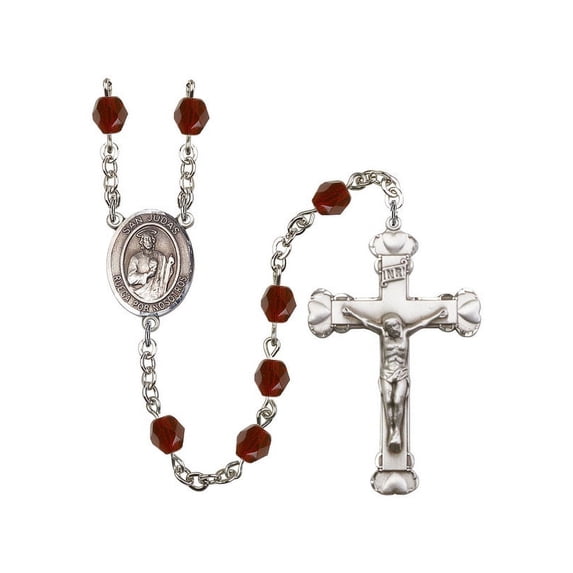 San Judas Silver-Plated Rosary 6mm January Red Fire Polished Beads Crucifix Size 1 5/8 x 1 medal charm