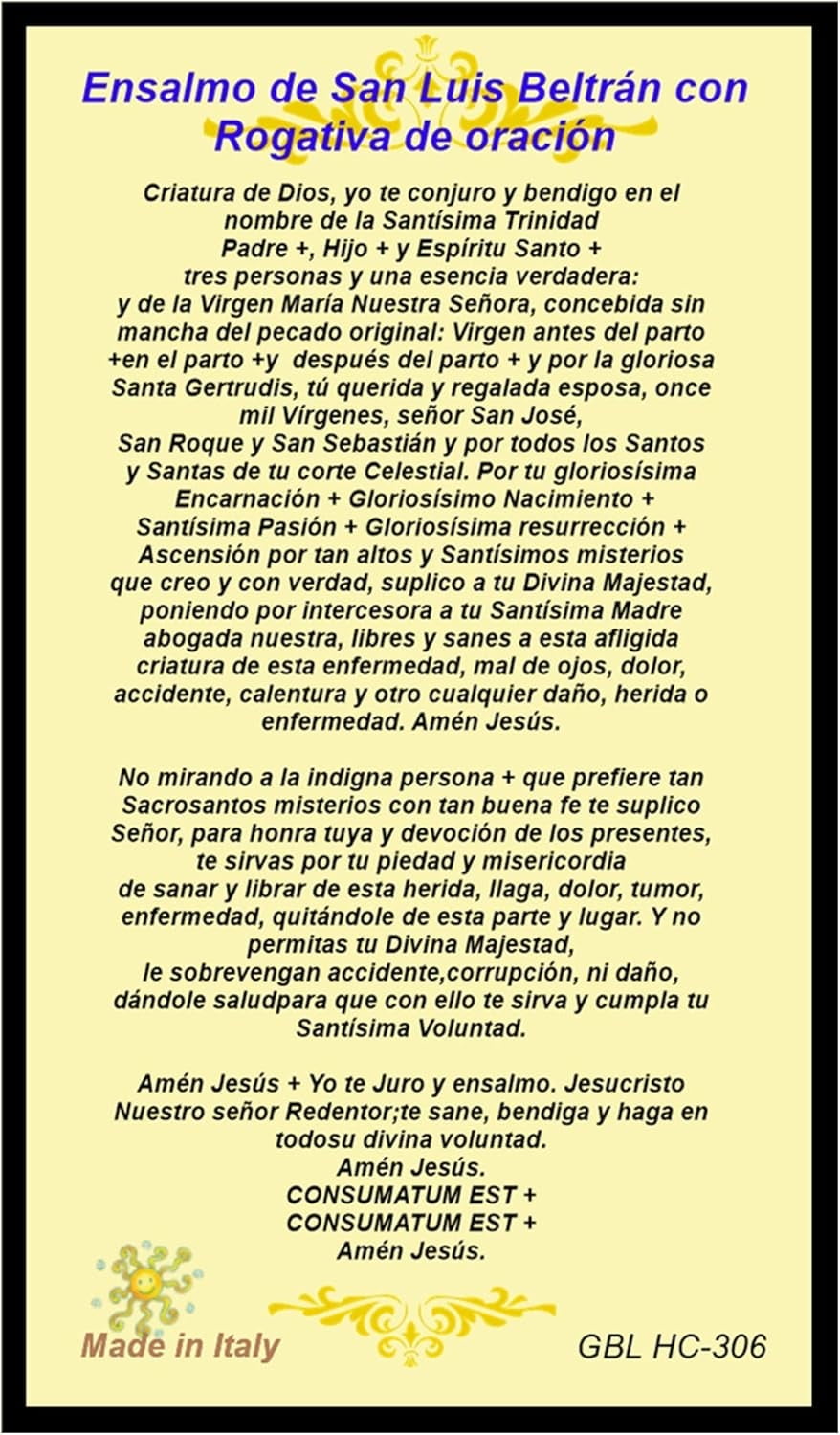 San Luis Beltran Tarjeta de Rezo Italiana Oracion con Ensalmo y Rogativa Laminada con Detalles Dorados