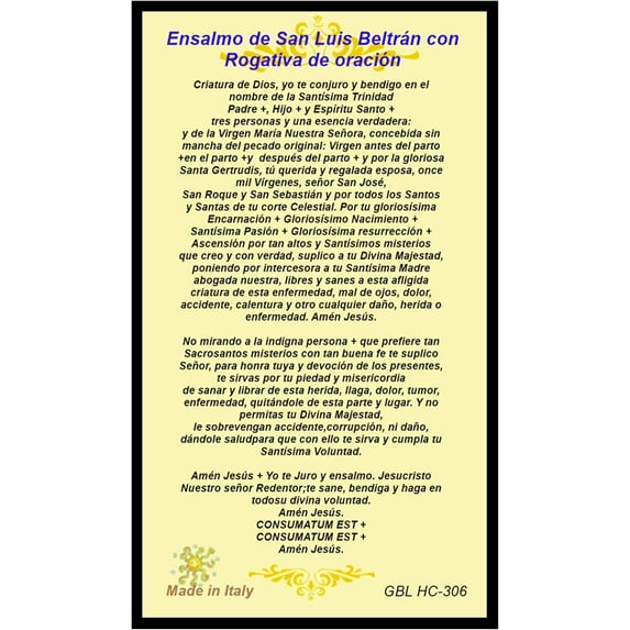 San Luis Beltran Tarjeta de Rezo Italiana Oracion con Ensalmo y Rogativa Laminada con Detalles Dorados