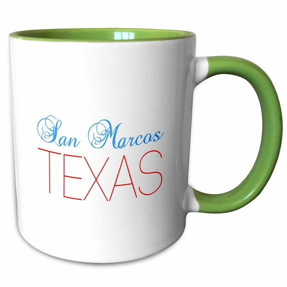 3drose, San Marcos, Texas, Red, Blue Text. Patriotic Home Town Design, 15oz Two-tone Green Mug