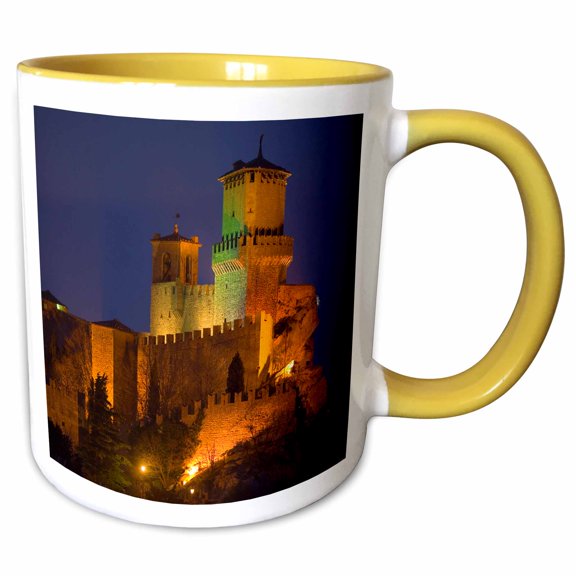 3drose, San Marino. Mountain Castle Lit at Night., 11oz Two-tone Yellow Mug