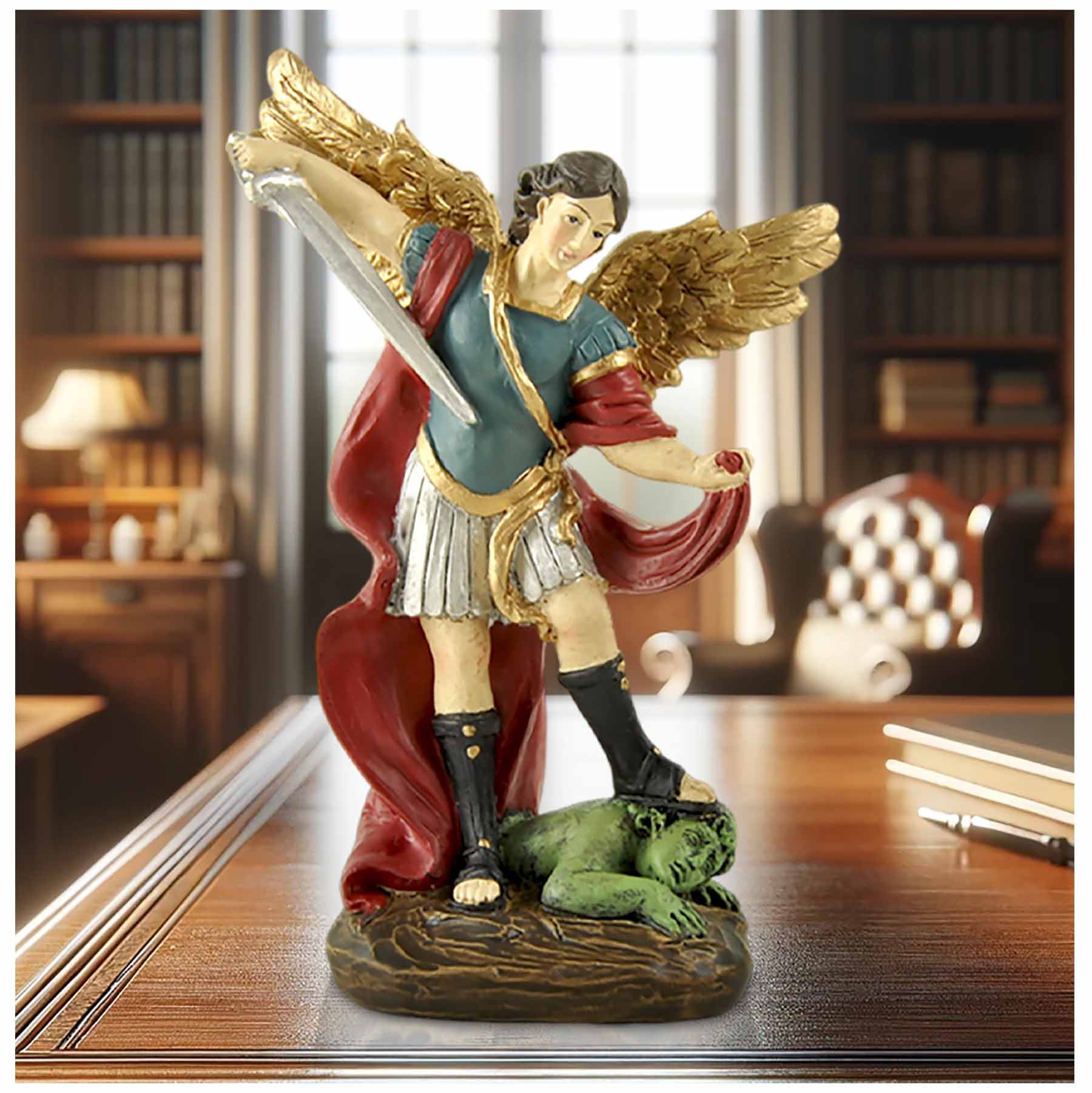 Colorful Hand-Painted Resin St. Michael Statue with Gold Wings