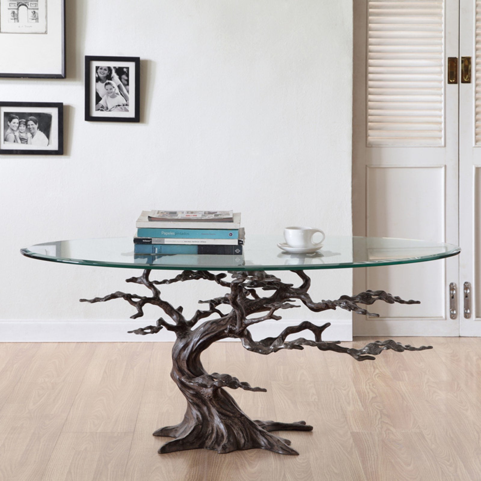 Rustic Oval Glass Top Cypress Tree Coffee Table