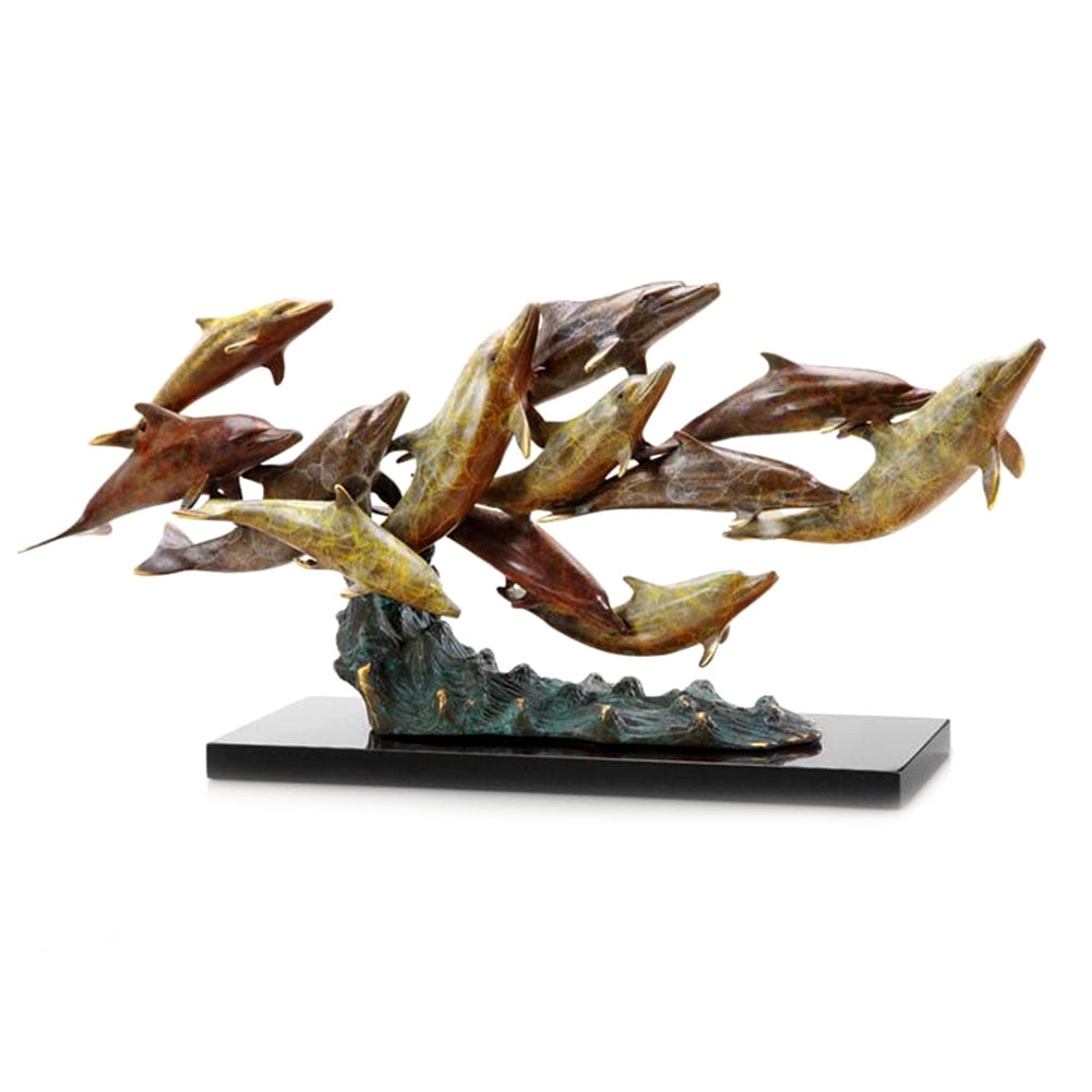 Hand-Painted Brass Dolphins Statue on Marble Base
