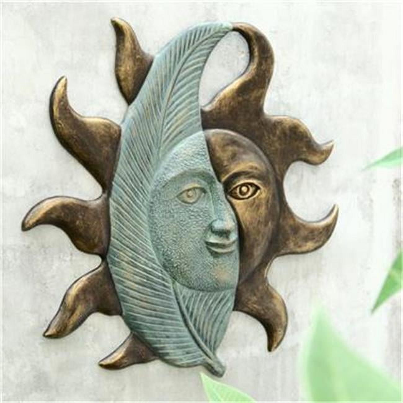 Antique Bronze and Verdigris Green Sunface Wall Sculpture