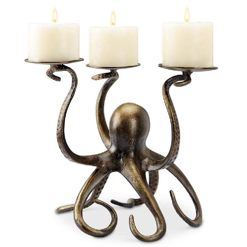 Bronze Ceramic Octopus Trio Hurricane Candelabra 10.5"