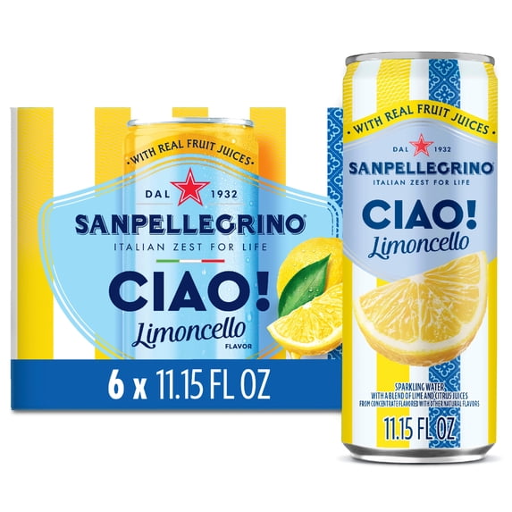 SanPellegrino Ciao! Flavored Sparkling Water, Limoncello, Real Fruit Juice, 6 Pack Cans