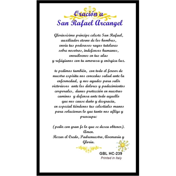 San Rafael Arcangel Medico Divino Postal De Rezo Laminada Importada de Italia y Bendecida por Su Santidad