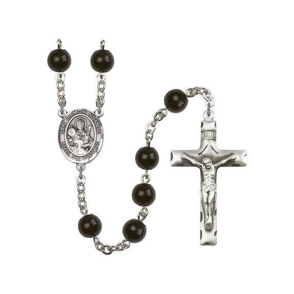 San Raymon Nonato Silver-Plated Rosary 7mm Black Onyx Beads Crucifix Size 1 3/4 x 1 medal charm