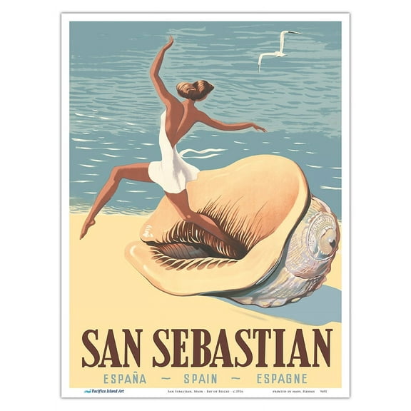 San Sebastian Spain - Bay of Biscay - Dancing Woman in Sea Shell - Vintage Travel Poster c.1956 - Master Art Print (Unframed) 9in x 12in