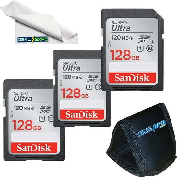 SanDisk 128GB Ultra SDXC UHS-I Memory Card - 120MB/s, C10, U1, Full HD, SD Card - SDSDUN4-128G-GN6IN Bundle with Deal-Expo Card Wallet + Cleaning Cloth